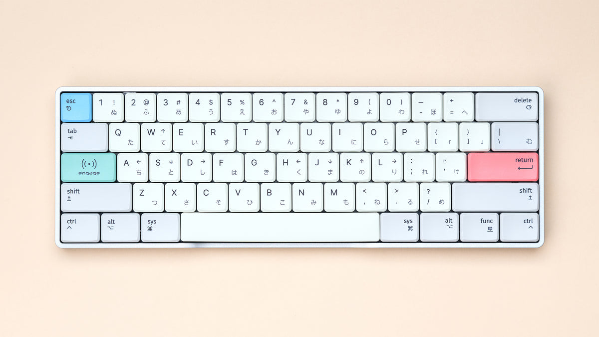 Rechteck compact wireless 60% mechanical keyboard with MBK Engage Light keycaps, top view