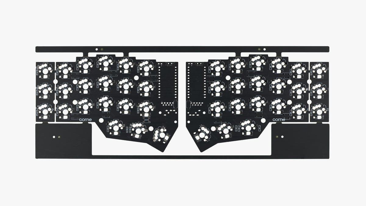 Corne v3.6 solderable PCB – back side showing silkscreen labels, component outlines, and pads