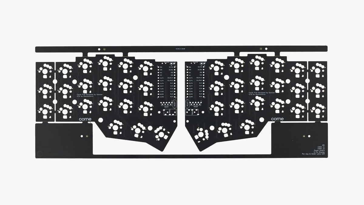 Corne v3.6 solderable PCB – top view of front side with switch and component footprints
