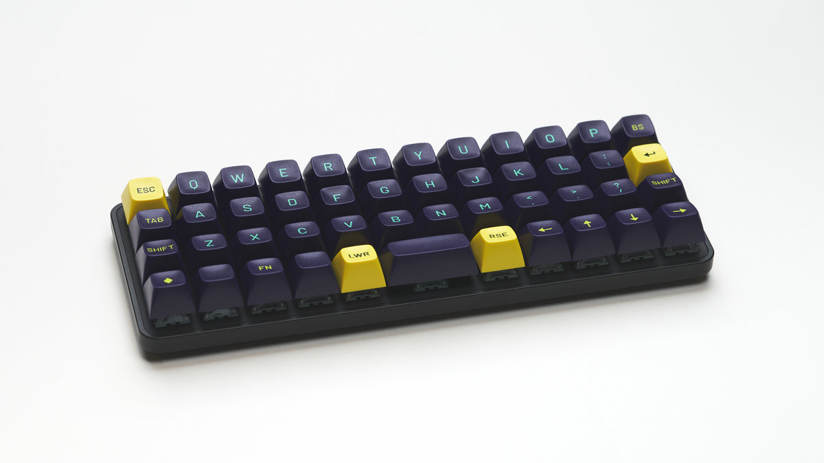 Equals 48 keyboard build with dark blue and yellow keycaps, white background
