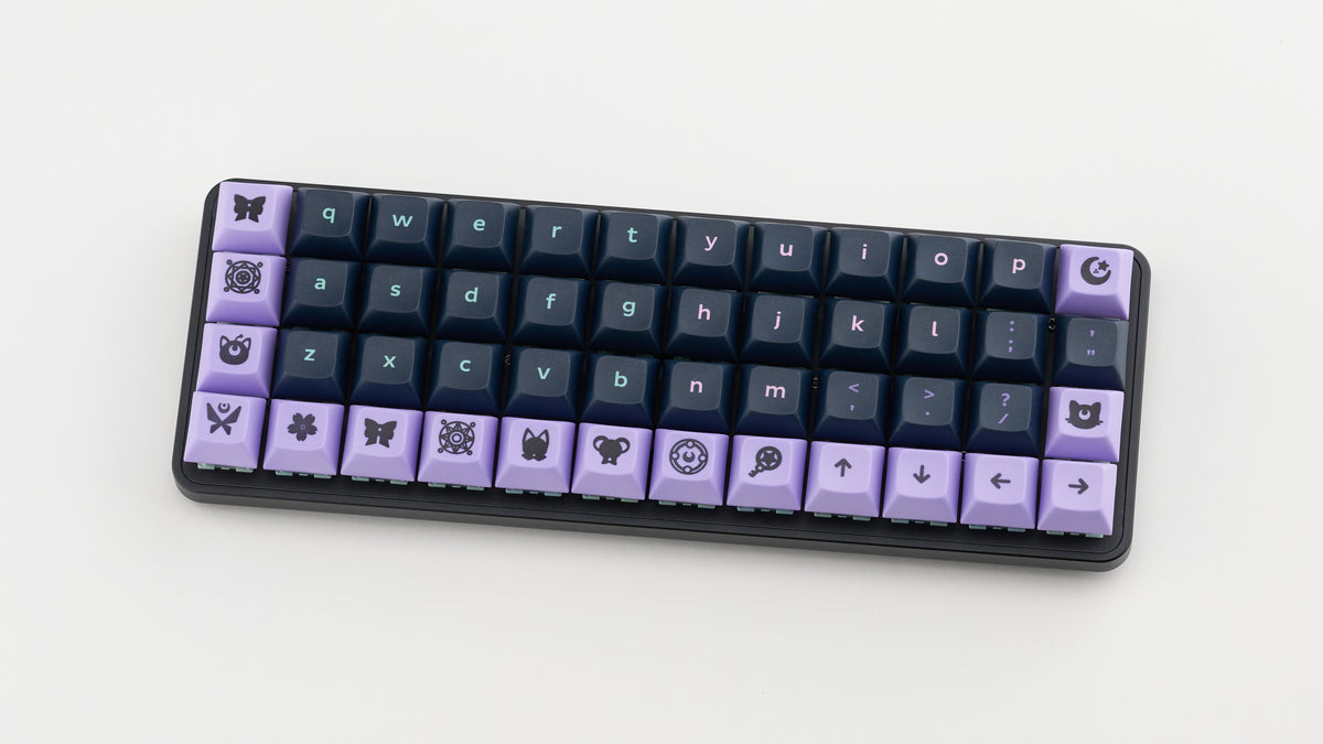 Equals 48 keyboard with black and purple butterfly-themed keycaps