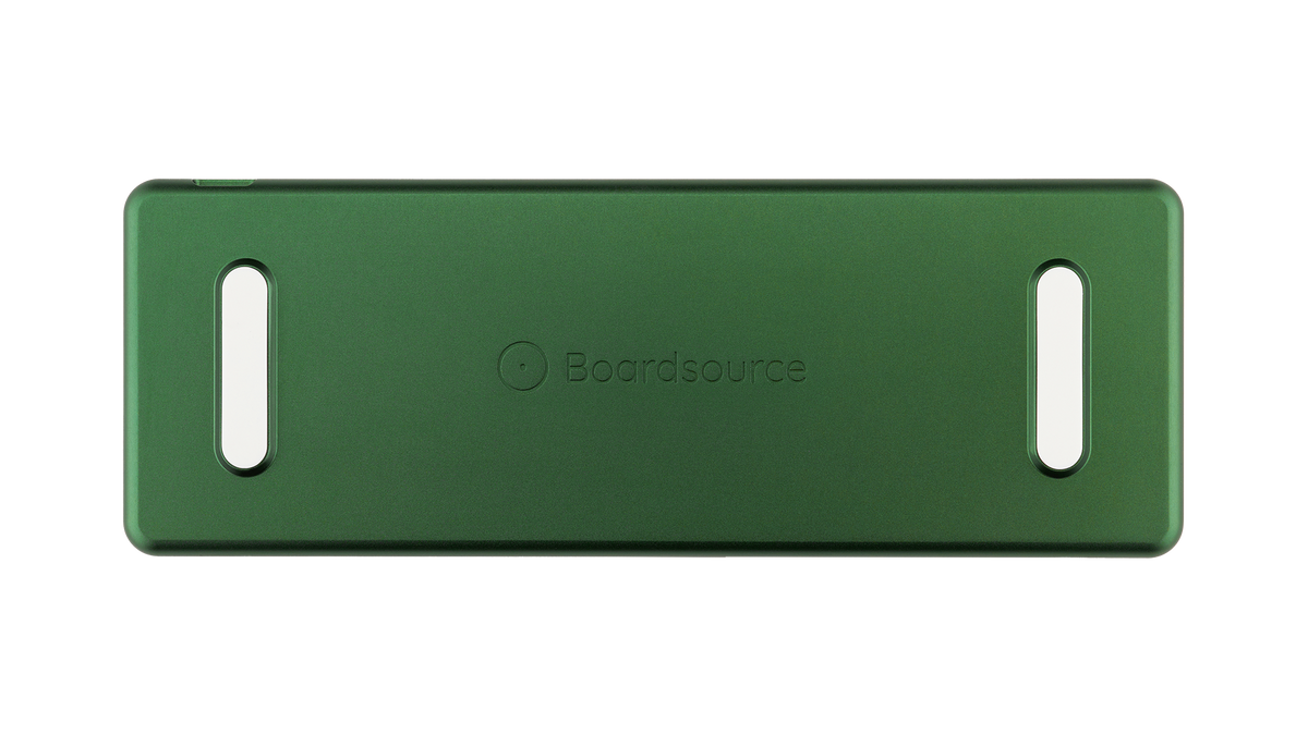 Back view of Equals 48 green CNC aluminum case with Boardsource logo