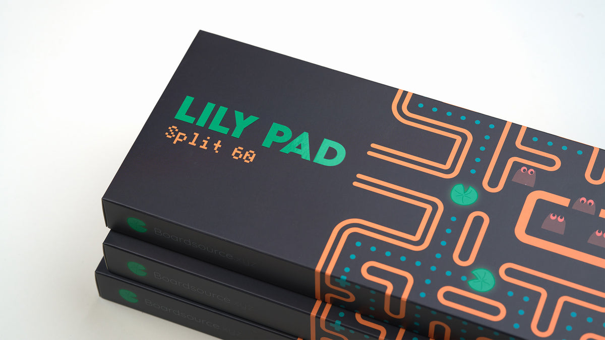 Lily Pad 'Split 60' packaging box with retro-inspired gamer design and Boardsource branding.